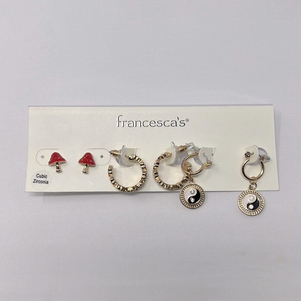 Francesca’s Mushroom Ying Yang Loop Set Of 3 Gold Earrings